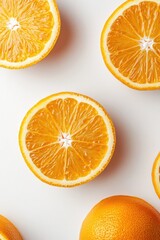 Fototapeta premium Bright orange slices arranged artistically on light background,