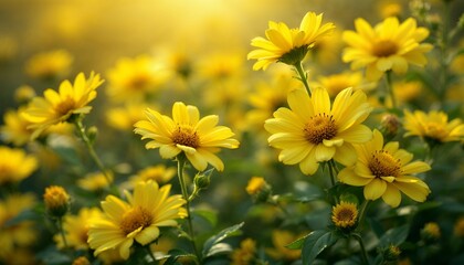 Yellow Flowers Blooming in Field on Sunny Day with Warm Light