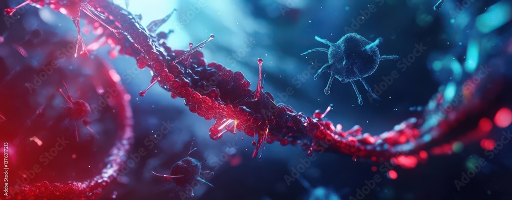 Poster 3d render of dna strands surrounded by microscopic creatures, featuring a red and blue color theme w