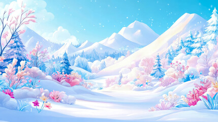 Winter Wonderland: Snowy Mountain Vista with Pastel Flora, Design for Holiday Greetings