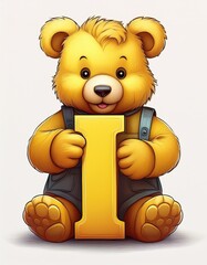 Illustration of cute yellow teddy bear with letter I. Baby name reveal after child birth. Stuffed animal on white background
