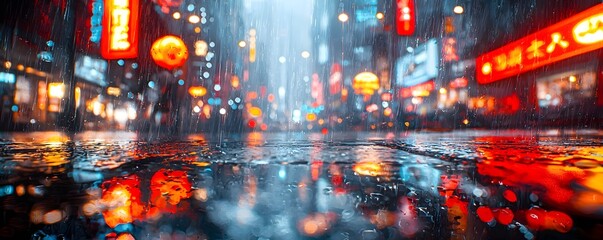 Rainy Futuristic City Street with Glowing Reflections