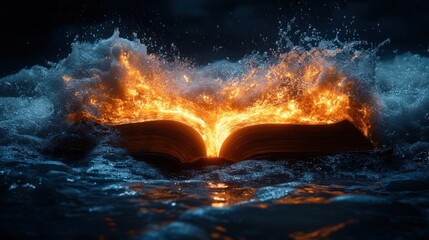 Flaming book engulfed by ocean waves