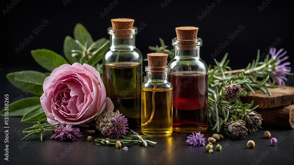 Poster natural essential oils with herbs and a flower on a dark background creating a calming and aromatic 