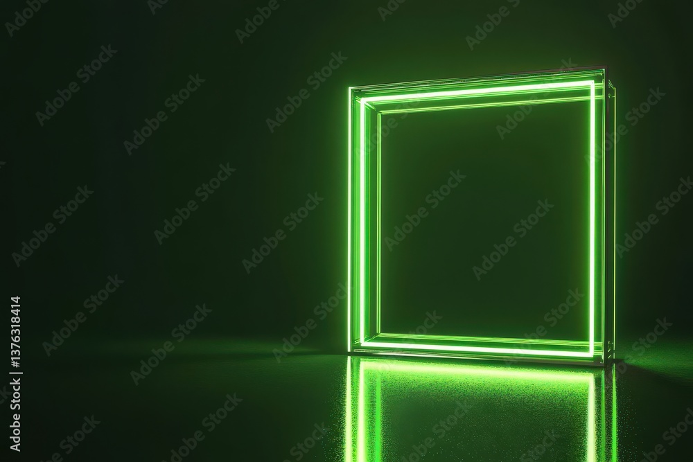 Aufkleber 3d rendering of a glowing green neon square frame in a dark minimalist room, reflecting on the floor