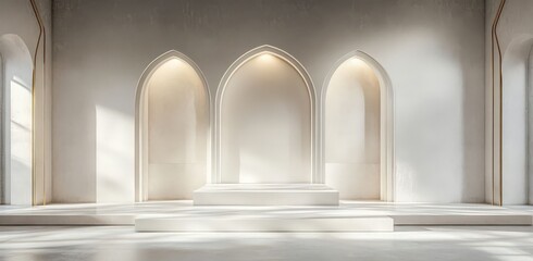 Minimal white 3D background with geometric elements, arched doorways, gold accents, and a podium for product display in a modern, minimalistic design.