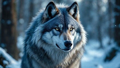 Obraz premium Wolf Portrait in Winter Forest with Snow Covered Ground Gaze