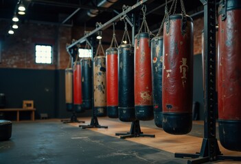 Row of vintage punching bags hanging in a boxing gym setting