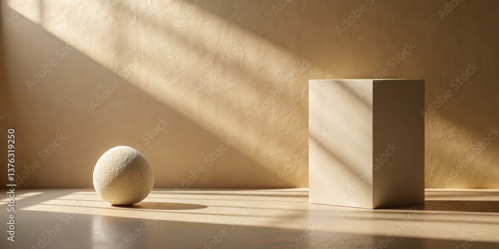 Poster sunlit minimalist interior scene with geometric forms and textured sphere