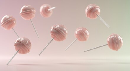 A weightless display of handmade lollipops spinning gently in mid-air, with subtle reflections of light bouncing off their glossy surfaces.