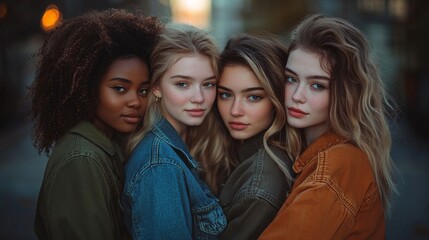 Obraz premium Diverse group of female friends embracing in urban setting, youthful bond