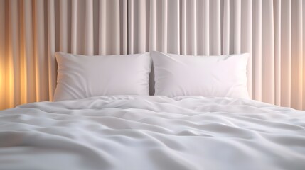 Obraz premium Cozy and inviting bedroom with plush bedding and soft curtains