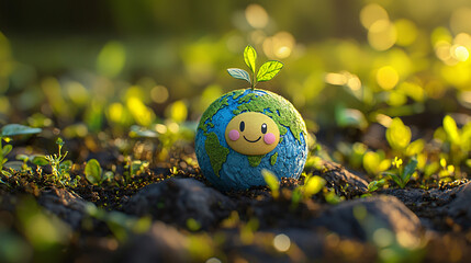 A fun and colorful design featuring a smiling globe character with a happy face, promoting the concept of saving the planet and protecting nature