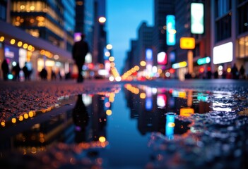 Fototapeta premium City street at dusk reflecting colorful lights in puddles