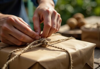 Obraz premium Hands tying twine around a beautifully wrapped gift package