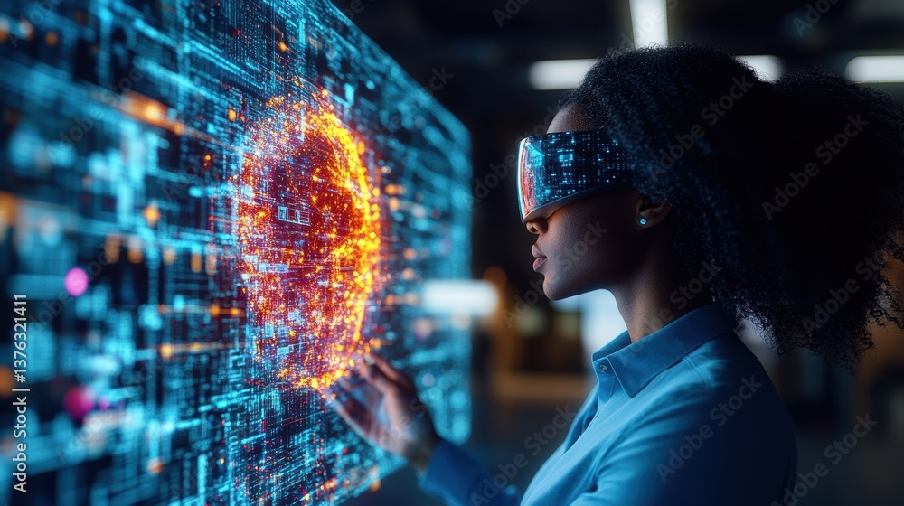 Poster a black woman immersed in virtual reality using vr goggles while interacting with an expansive digit