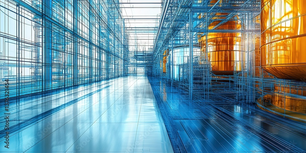 Poster digital rendering of a futuristic industrial facility with complex structures and bright elements sh