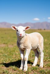 Cute lamb standing on green field
