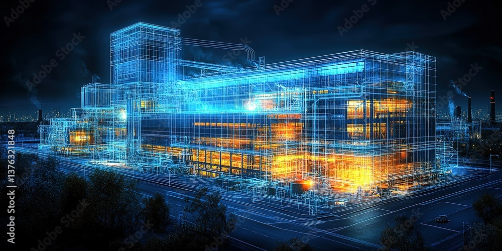 Poster advanced digital building design illustrates futuristic industrial complex at night using vibrant co