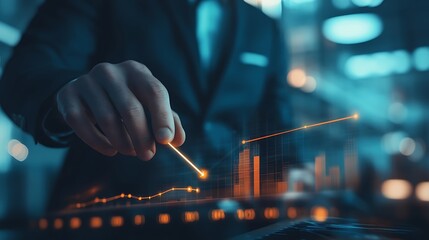 Businessman Analyzing a Declining Graph with Orange Arrow in a Blurred Setting