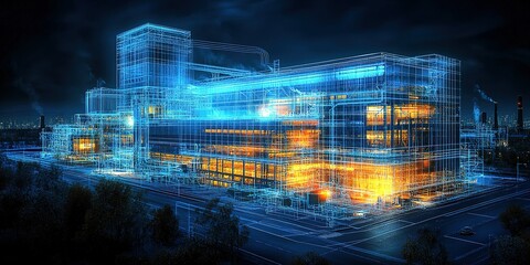 Advanced digital building design illustrates futuristic industrial complex at night using vibrant colors and intricate patterns