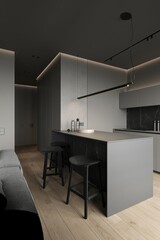 Dark cooking interior with bar chairs and countertop on grey concrete floor, sink with kitchenware. Modern kitchen with window on countryside, 3D rendering