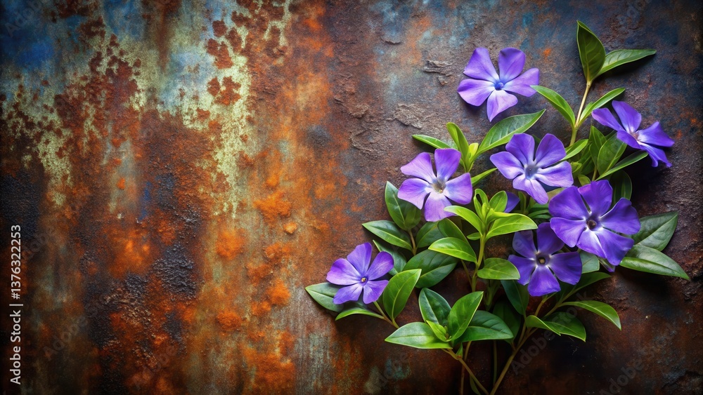 Aufkleber vibrant purple blossoms arranged on a rustic weathered surface creating a striking contrast between 