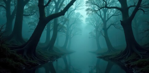 Dark, misty swamp forest; gnarled trees, eerie fog, still water , dark fantasy, digital art, green