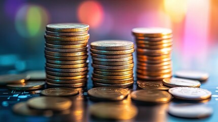 Miniature business figures on coin stacks, representing income variations and salary structures.