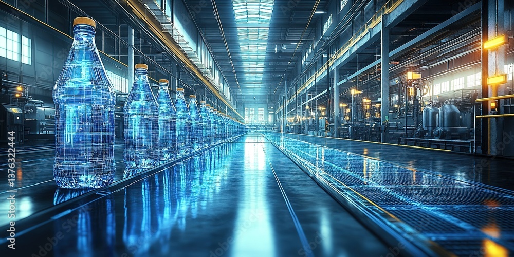 Poster advanced technology lines bottled beverages in a modern factory setting showcasing production effici