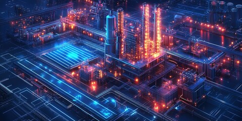 Fototapeta premium Futuristic industrial complex illuminated by neon lights in a high-tech urban landscape at night