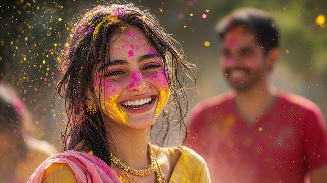 Vibrant Celebration: Joyful Woman Engaged in a Colorful Holi Festival Ritual