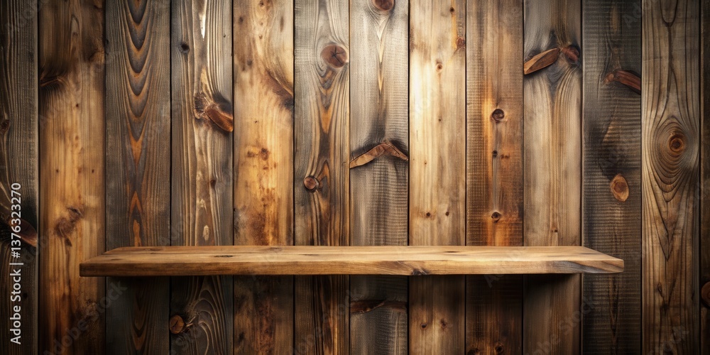 Poster rustic wooden shelf against a weathered plank background, perfect for displaying products or rustic 