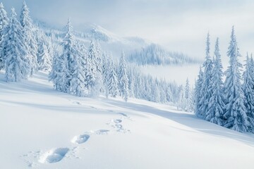 Winter Wonderland: The captivating beauty of a snow-covered mountain scene, a forest of frost-laden trees. Fresh footprints lead through the pristine snow.