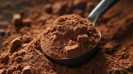 Chocolate Protein Powder Pile with Measuring Spoon