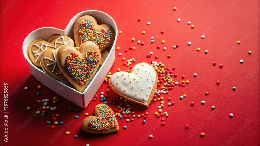 Poster heart-shaped cookies in a white box with colorful sprinkles on a red background