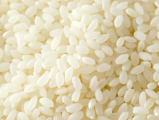 A close-up of white rice grains, showcasing large, translucent, and smooth rice grains, with a blurred background of more rice
