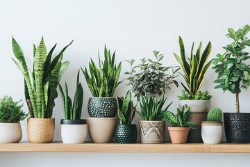Obraz premium Collection of Various Potted Green Plants on Wooden Shelf with White Background