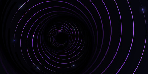 Futuristic abstract design with a purple glowing spiral pattern on a black background, creating a mesmerizing endless tunnel effect. Suitable for technology, sci-fi and digital art themes