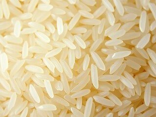 A close-up of white rice grains, showcasing large, translucent, and smooth rice grains, with a blurred background of more rice