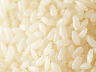 A close-up of white rice grains, showcasing large, translucent, and smooth rice grains, with a blurred background of more rice