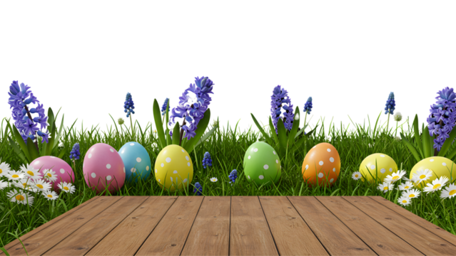 Five painted easter eggs celebrating a Happy Easter with a rustic wooden bench & green meadow grass to place products in front of with a transparent background