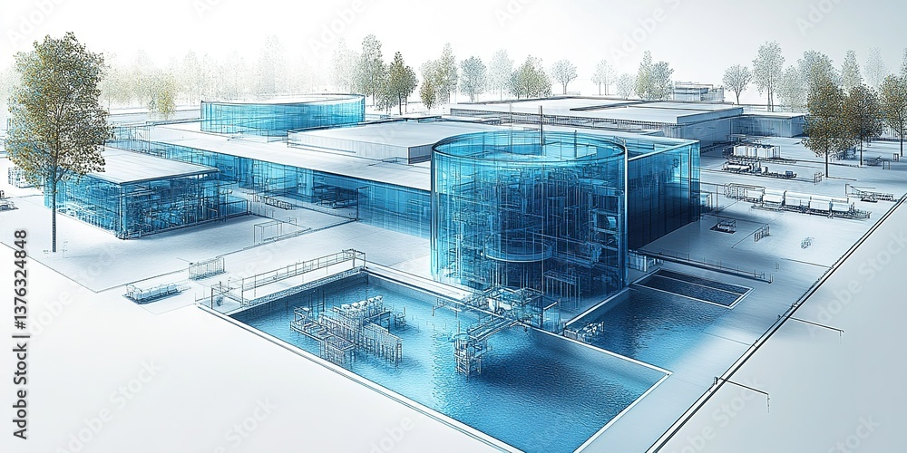 Poster modern architectural design of a facility with transparent elements and surrounding landscaping in a