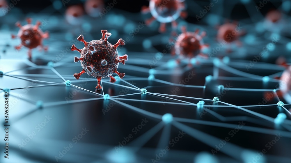 Poster virus particles connected by digital network illustrating the interaction of pathogens in a modern s