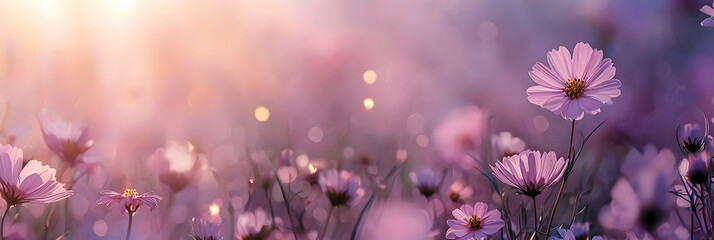 Soft Pink Cosmos Flowers in a Field at Sunset