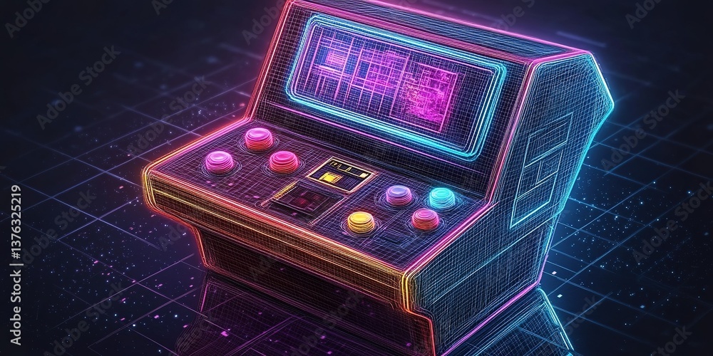 Poster retro arcade machine in neon design illuminated against a digital backdrop with grid patterns and gl