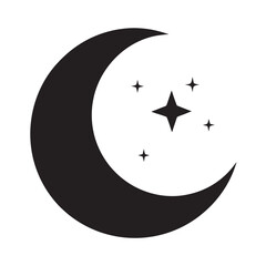 Moon crescent icon, black silhouette of moon with sparkle. vector illustration on white background
