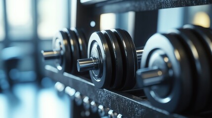 Fototapeta premium Several heavy dumbbells neatly organized on a metal rack in a gym