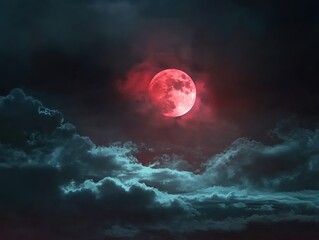 A mysterious night sky scene with a giant blood-red moon glowing eerily, surrounded by thick dark clouds with edges tinged red by the moonlight
