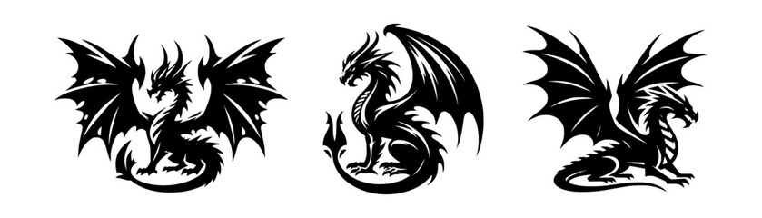 Obraz premium A set of black and white tribal dragon tattoo vector illustrations.